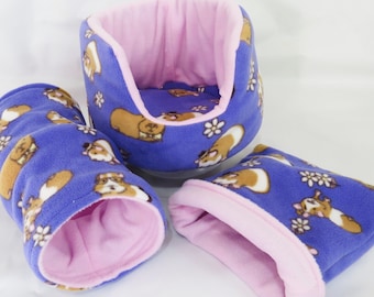 3 piece soft fleece bed set** 10"guinea pig bed**with removable pad **Tunnel ** snuggle pouch**small animal hedgehog etc
