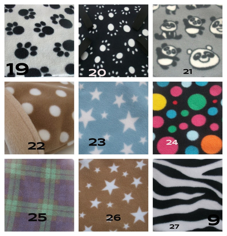 May include: Nine different fabric swatches with various patterns, including paw prints, stars, polka dots, pandas, and zebra stripes. The swatches are arranged in a grid of three rows and three columns.