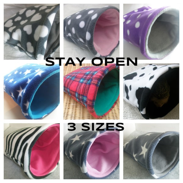 STAY OPEN ***4 sizes *** FREE uk postage ** small animal**hedgehog** hide**soft fleece snuggle pouch**sack** guinea pig bed **Sleeping bag**