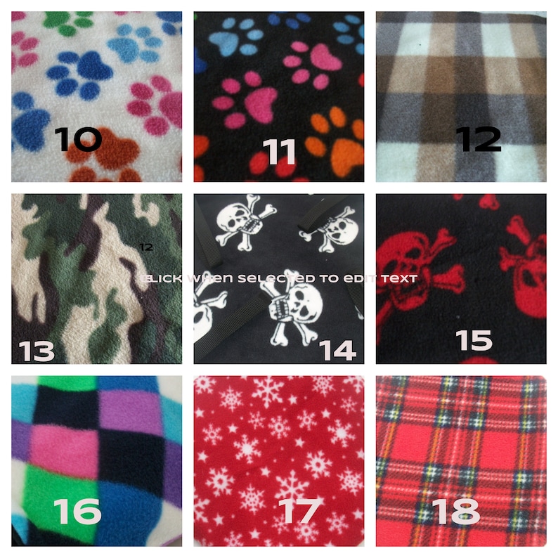May include: A collage of 18 different fabric swatches with various patterns and colors. The swatches are numbered 10 through 18. The patterns include paw prints, skulls, camouflage, plaid, snowflakes, and checkered.