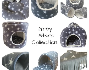 Cama para animales pequeños de forro polar con estrellas grises, taza para acurrucarse, saco para abrazar, escondite, túnel