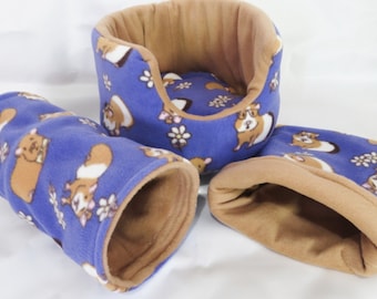 Juego de cama de 3 piezas de suave vellón ** Cama para conejillo de indias de 25 cm ** Con acolchado extraíble ** Túnel ** Saco de dormir ** Pequeño animal: erizo, etc.