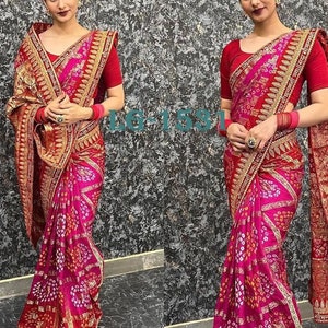 Pinkish Red Saree For Women Inspired Sarees. Patola Party Wear saree. Indian Ethnic Traditional sari. image 2