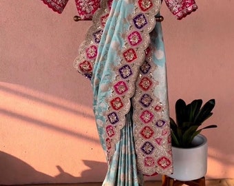 Indianer Georgette Saree mit bestickter Bluse. Jacard Georgette l Saree. Designerbekleidung Partwear Designer Sari.