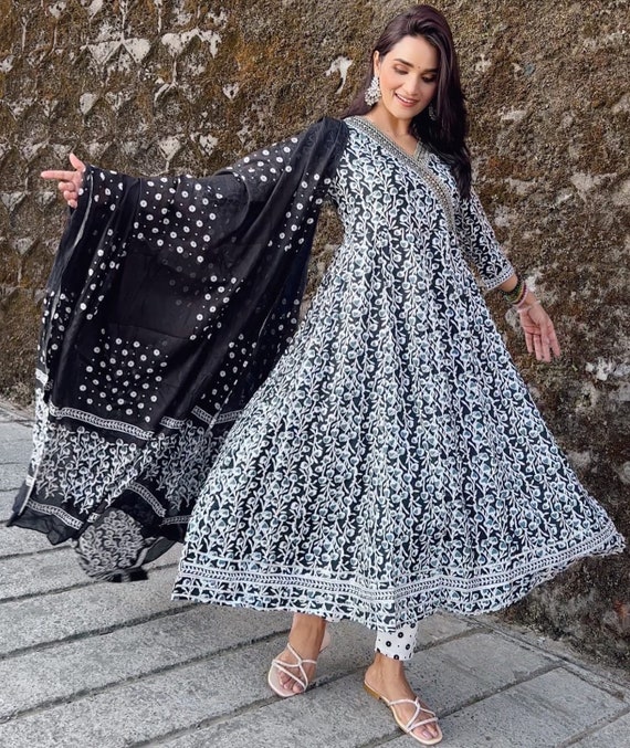 Indian Women Stitched Anarkali Flared Gown Kurta Set with Dupatta