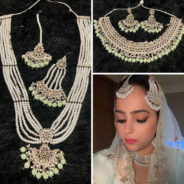 Mint Green long Necklace, Earrings ,Tikka & passa Headpiece. Indian Jewelry with choker, earrings, jhoomar and tika. Bridal Gift for her.