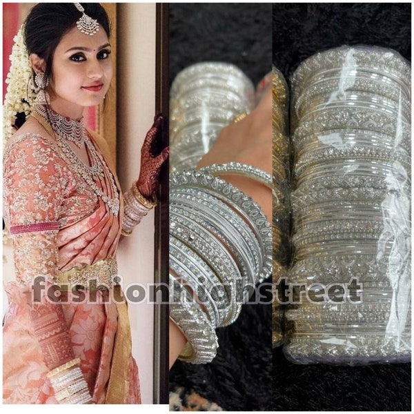 Indian Traditional silver bridal bangles, bracelets, churi, chura, kangan, kadda for both hands size 2*4, 2*6, 2*8, 2*10 2*12 Size 2.12 XXL