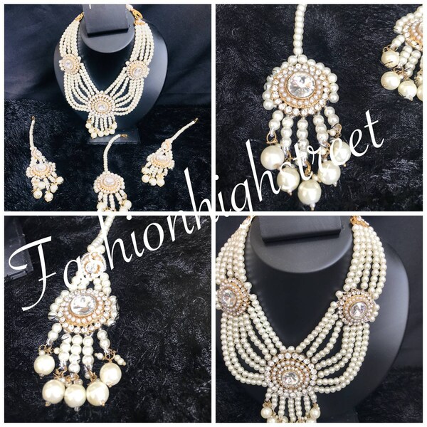 Indian Sabyasachi pearl small necklace, earrings & tikka. Wedding bridal Hyderabadi Mala Haar Choker necklace, nizami jewelry small necklace