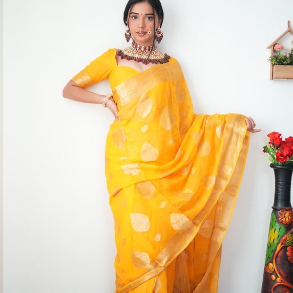 Indian prepleated yellow Cotton saree. South Indian Rich Pallu Designer Saree For Women. Srilankan Party Wear Tamil Ethnic Traditional sari,