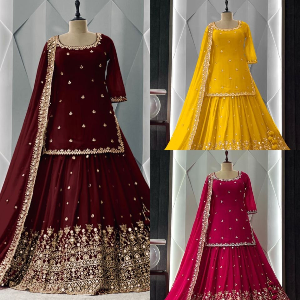 Buy Rani Pink Skirt Style Suit - Embroidered Georgette Lehenga Suit –  Empress Clothing