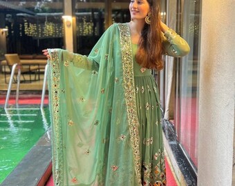 Mehndi Green Georgette Anarkali With Embroidery Work. Pakistani Gown suit Dupatta For Women. Indian Etnic suit for bridesmaid. Gift for her