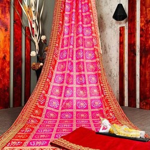 Pinkish Red Saree For Women Inspired Sarees. Patola Party Wear saree. Indian Ethnic Traditional sari. image 5