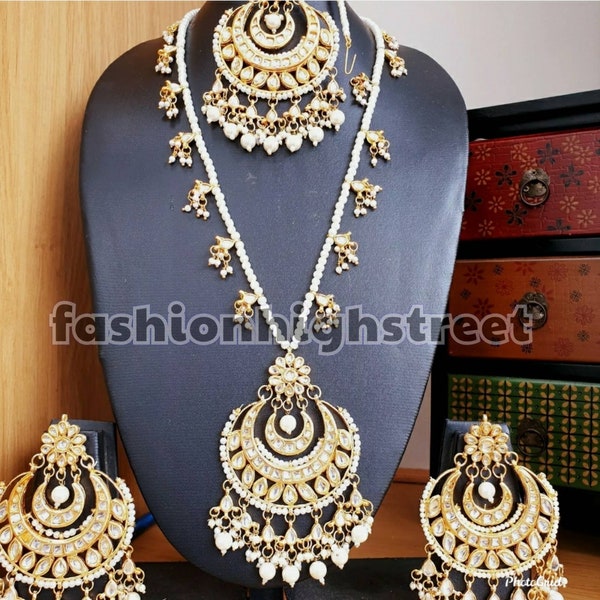 Sabyasaachi long necklace and polki stone big Jhumka earrings, Indian Bollywood Designer Sabyasachi bridal ChaandBali and Rani Haar