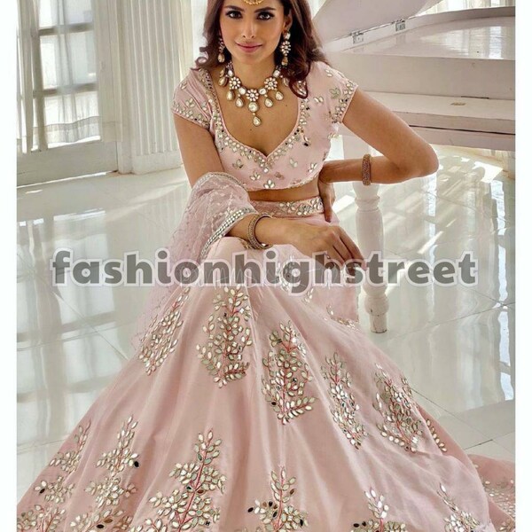 Poonams Kaurture inspired Pink Embroidered Lehenga Choli. Women Ethnic Wear South Indian half saree, walima lengha, mirror embroidery lengha