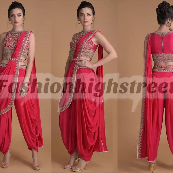 Red Crop Top With Dhoti Pants And Dupatta Set Bollywood Designer Red Saree For Women, Inspired Sarees net Indian Ethnic saree