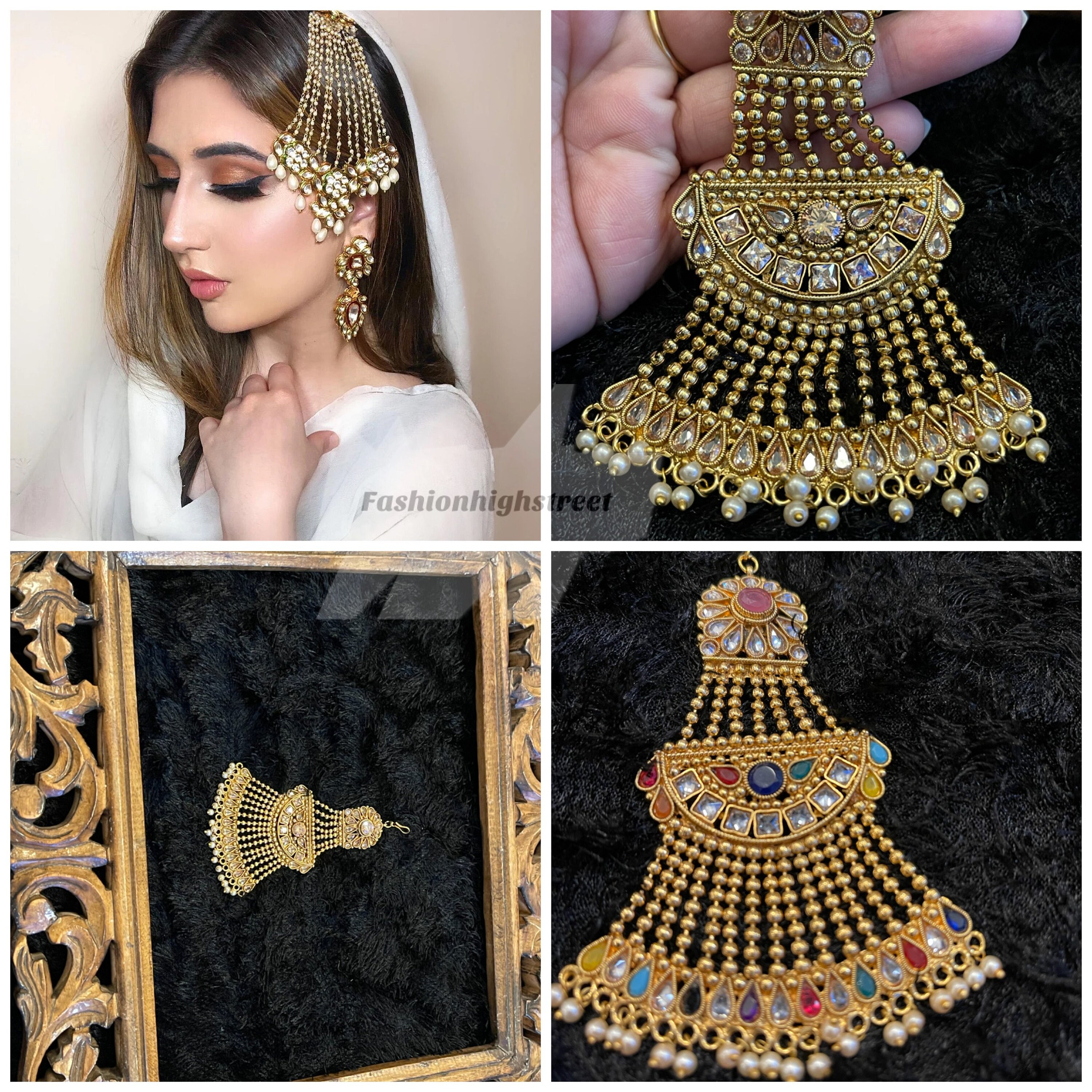 Gold Plated Passa Indian Bollywood Forehead Jewelry Pearl Kundan Earring Set