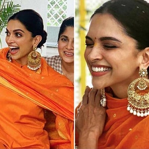 Sabyasaachi ChandBali earrings, polki stone big Jhumka earrings, Indian Bollywood deepika padukone in Designer Sabyasachi bridal ChaandBali