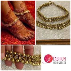 Bridal Indian Gold anklets, anklet, payal, pajeb, ghungroo, jhanjhar, pajaib, wedding bridal copper anklets. Gold pearl and diamond anklets