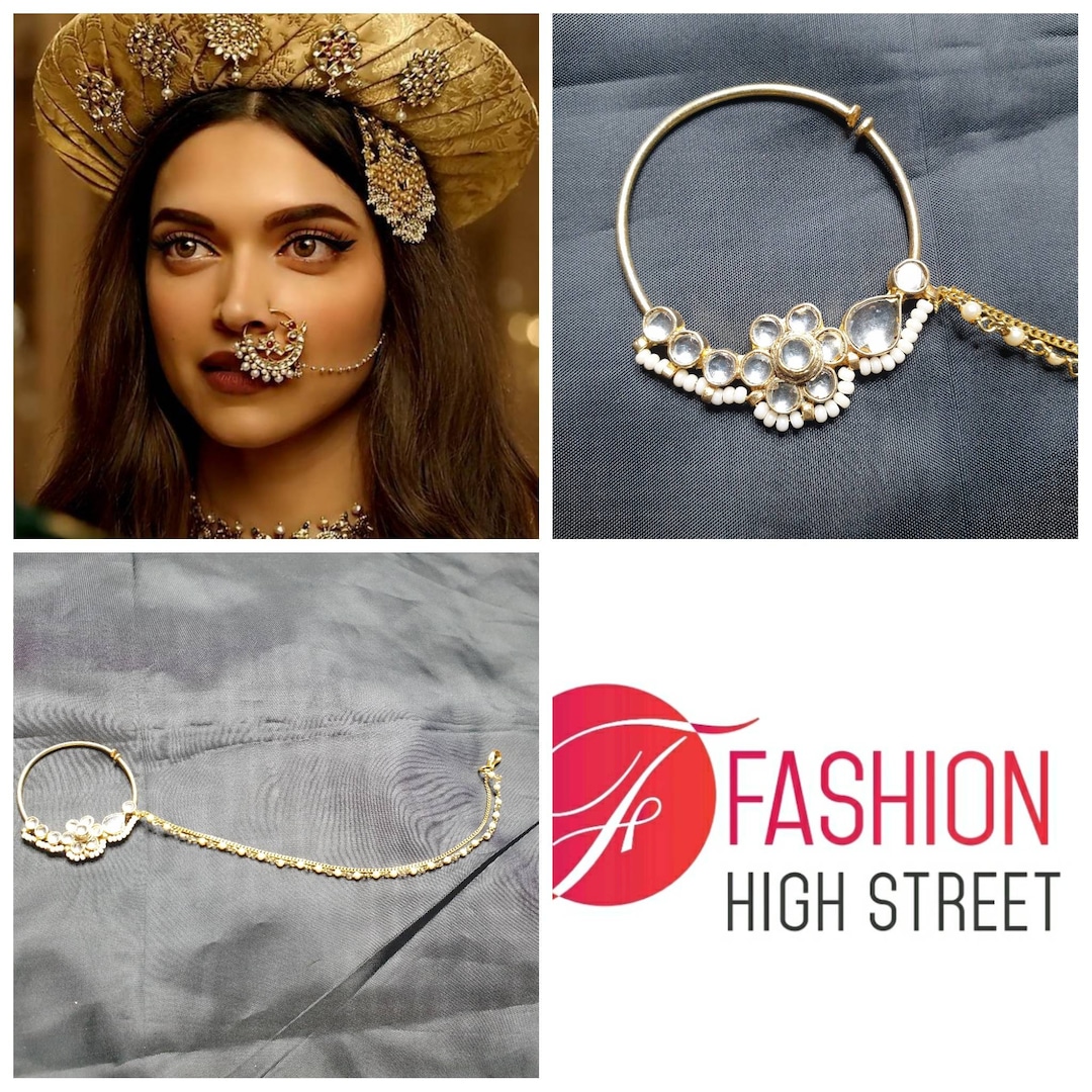 Deepika Padukone Bajirao Mastani Nose Ring Indian Nose Ring Nath, Kundan Tribal Press On, Bajirao Mastani Clip on
