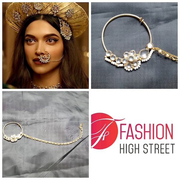 Indian Nose Ring Nath, Kundan Tribal Press On, BajiRao Mastani Clip On Nathni, bollywood actress Deepika padukone Nose ring with chain