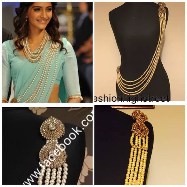 Sonam Kapoor Indian Bollywood pearl and stone saree belt, saree brooch, waist belt. Gold & pearl finished saree brooch, hip chain, vaddanam
