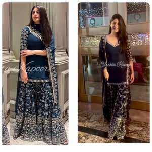 Yankita kapoor in Black Long sharara suit. Punjabi suit with heavy embroidery or scarf, Heavy Embroidered Bridal punjabi suit.