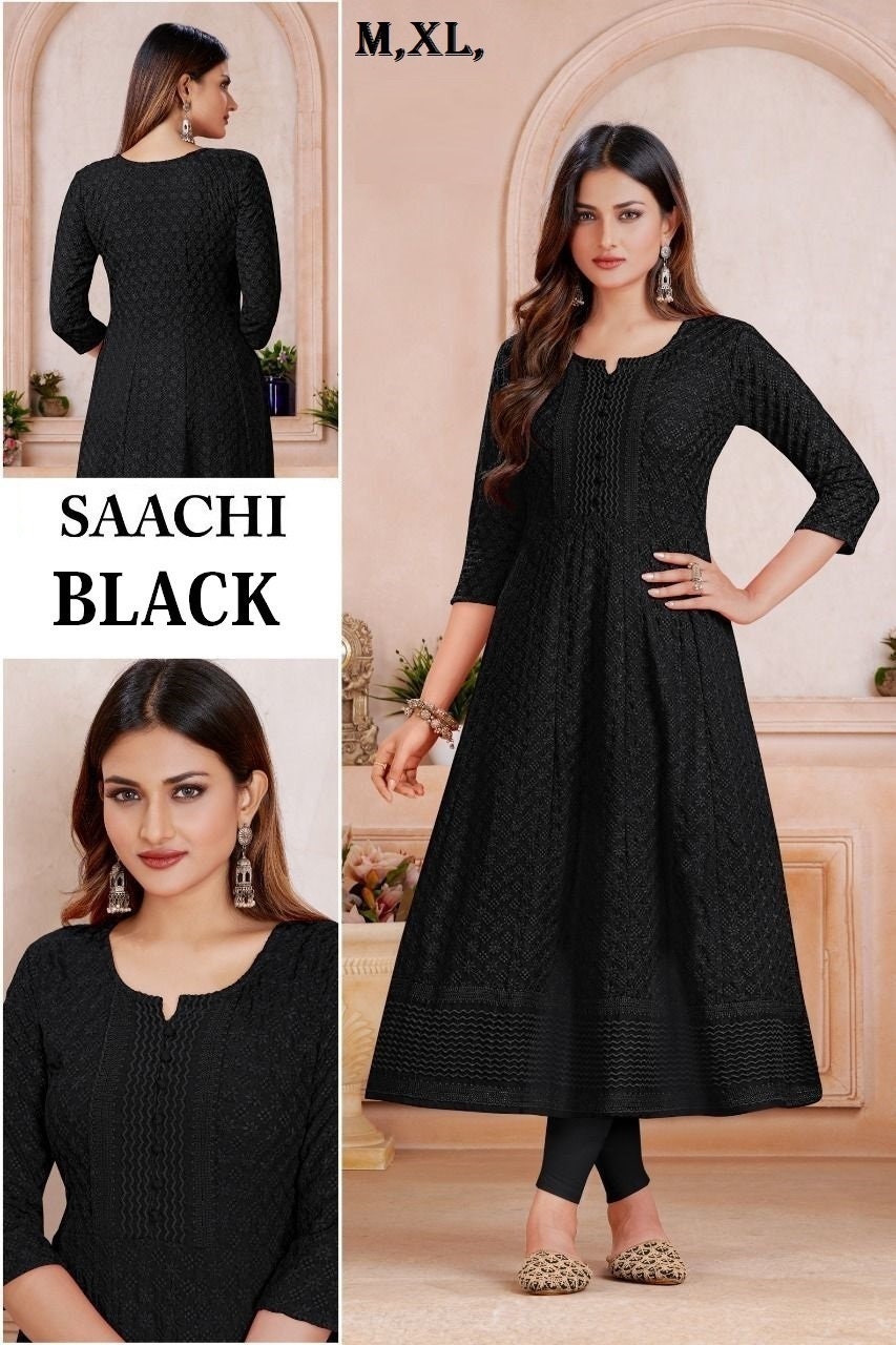 Square Neck Black Embroidered Long Kurti | Seriema-1095 | Cilory.com