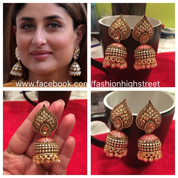 Kareena kapoor Indian Bollywood light weight gold jhumkas earrings Beautiful Indian Earrings Pakistani Jewellery Imitation Gold jhumke