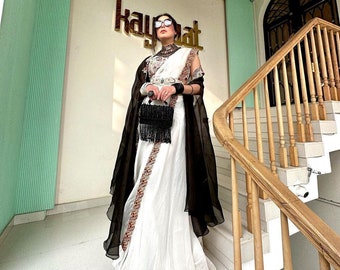 White Black sharara Saree, Partwear Embroidered plazzo Saree, Bollywood Style Wedding Wear Saree Bold And Beautiful saree, Sharara Saree