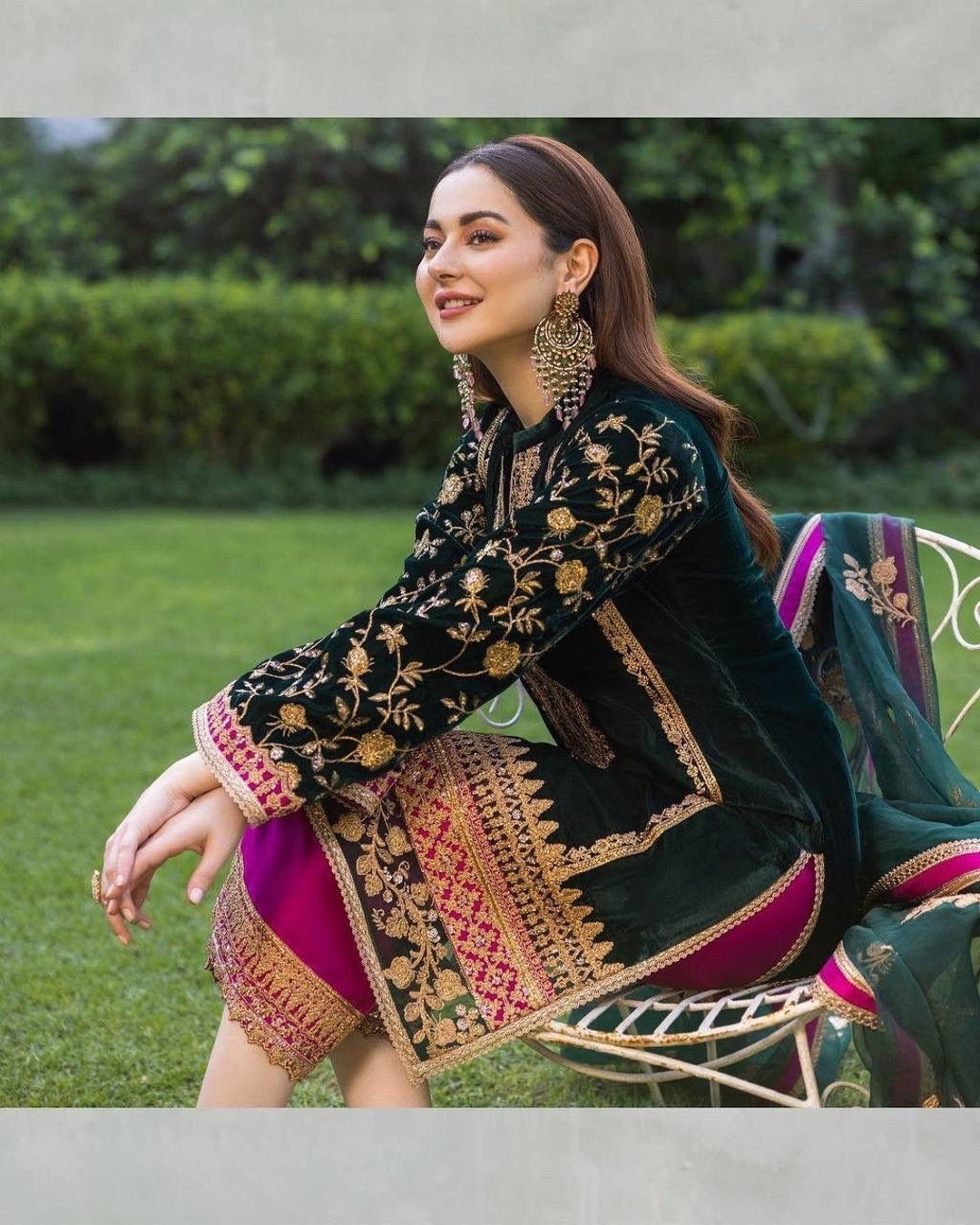 Buy Pakistani Hania Amir Bottle Green Embroidered Velvet Suit Readymade ...