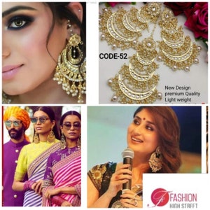 Sabyasaachi ChandBali earrings, Gold & clear stone big Jhumka earrings, Indian Bollywood Designer Sabyasachi Kundan Danglers, ChaandBali