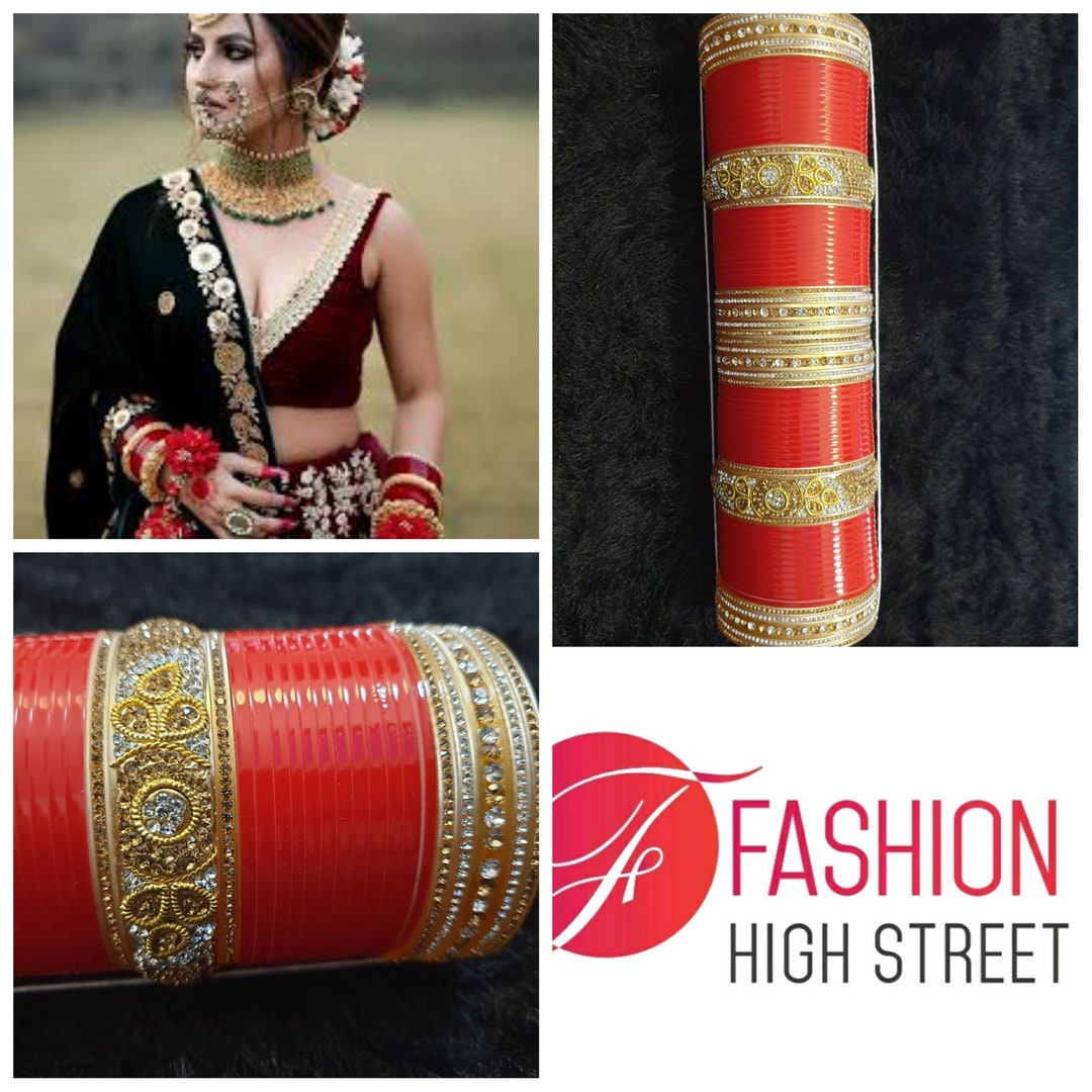 Indian Bridal Traditional Punjabi Stack Red Gold N Clear Diamanté Chura