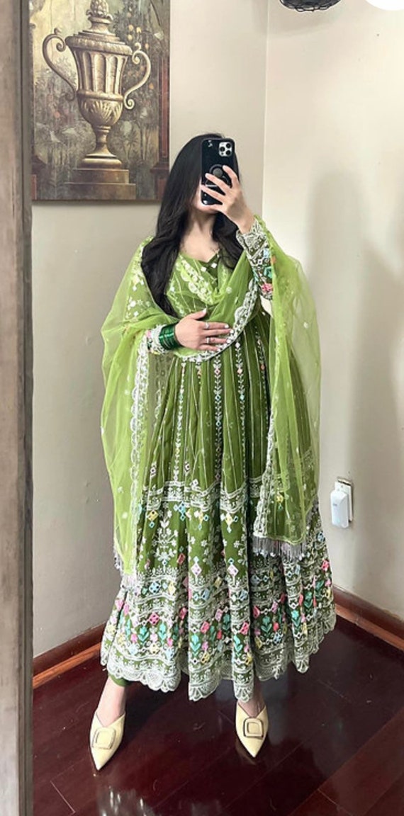 Al Karam Georgette With Heavy Embroidery And Sequence Work Pakistani Suit  Mehndi Color DN 1519