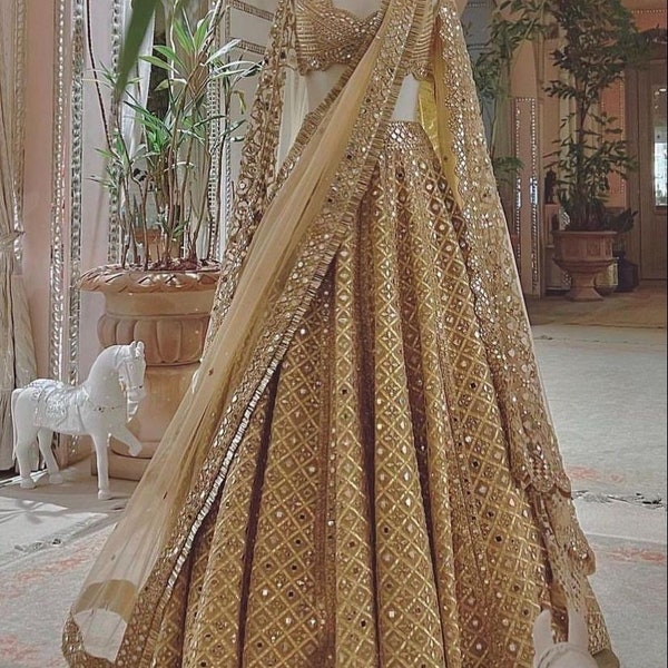 Beigish Gold Wedding lehenga Choli For Women Designer Multi Colored Bollywood lengha. Trendy Indian lehengas, Work Ghagra choli