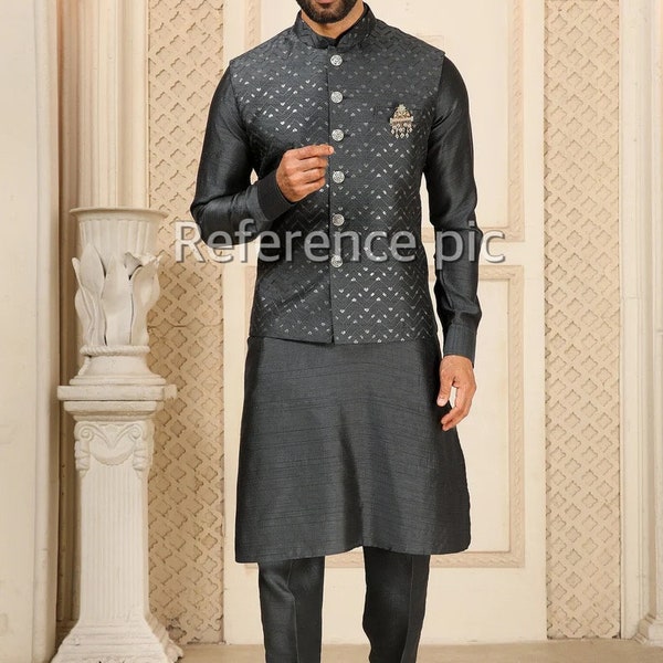 Green Men's Kurta Set Reception Wear Nehru Jacket Kurta Groomsmen Sherwani Sangeet Indian Wedding Party Wear Koti Kurta Set With Pajama