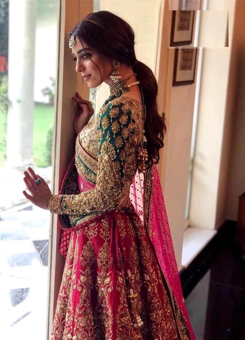 Pink and green lengha clearance