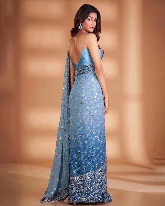 Buy Windham Cream Satin Drape Saree With Embroidered Blouse Online | Samyakk