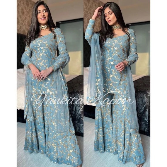 Pakistaanse Ontwerper Georgette 3 stuk Salwar Kameez voor Bruiloften Readymade Jurken Mooie Partywear Blauwe Kurta Sharara Set met Duppatta Kleding Dameskleding Blazers en pakken 