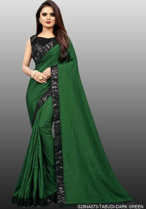 Indian Emerald Green Saree With Silk Unstitched Blouse, Saree