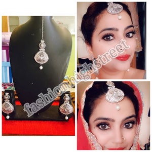 Bridal Combo Silver Earring and Tikka Set Chandelier Earrings with Maang Tikka Indian Jewellery UK Indian Jewellery silver Earring image 2