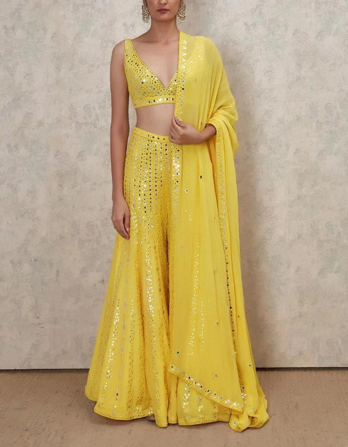 Haldi and Jaggo Yellow Crop Top and Plazzo. Heavy Embroidered Etsy