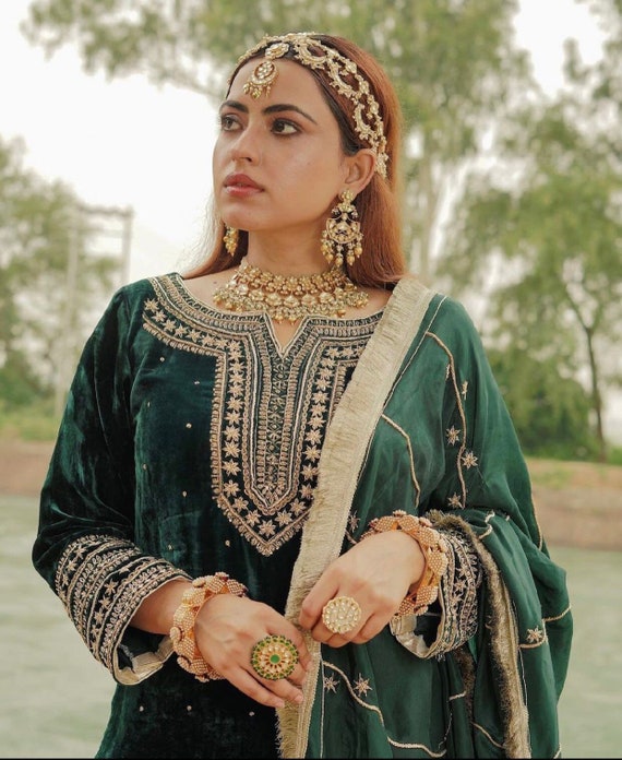 Emerald Green Velvet Sharara Suit. Women Salwar Kameez. - Etsy Singapore