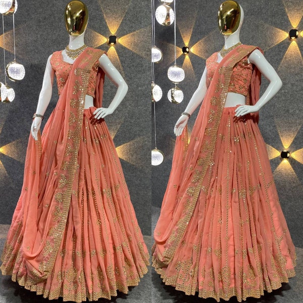 Peach Designer Net Lehenga Choli With Sequence With Border Work And Net Dupatta With Sequence And Foil Border Work For Women