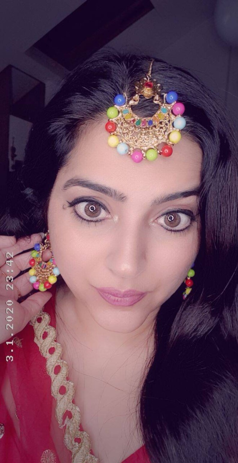 tikli jhumka tikka chaandbaali chandbali Indian pakistani designer bridal multicolor n gold combo earrings and maangtikka