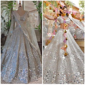 Silver Real Mirror Embroidered Lehenga Choli. Heavy Sequence Work