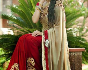 Indian designer Red & Beige Pure crepe Saree Running Blouse Handloom sarees Party Wear Wedding Bridal Sari Gifts for Her Women Clothing