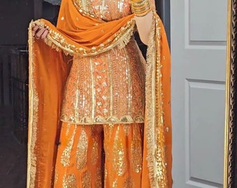 Designer orange punjabi suit, Indian Wedding Reception Mehendi Party Wear Suit, Pakistani Suit, Stitched Salwar Kameez