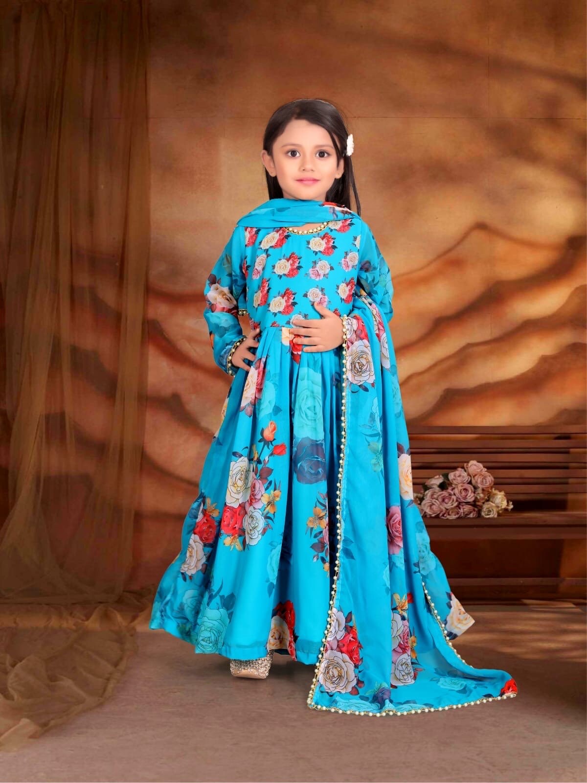 Buy Purple Georgette Embroidered Floral 3d Foil Print Anarkali For Girls by  FAYON KIDS Online at Aza Fashions.