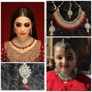 Indian Red kundan choker necklace big earrings & tikka. Choker Jewelry Full Set Bridal jewelry, small necklace great for adult and kid