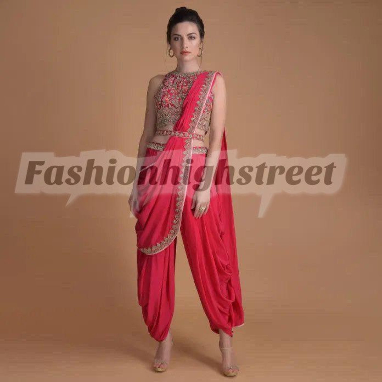 Red Crop Top With Dhoti Pants and Dupatta Set Bollywood Etsy UK